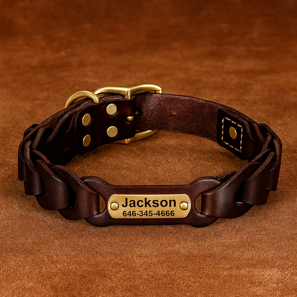 Genuine Leather Dog Collar & Leash Set