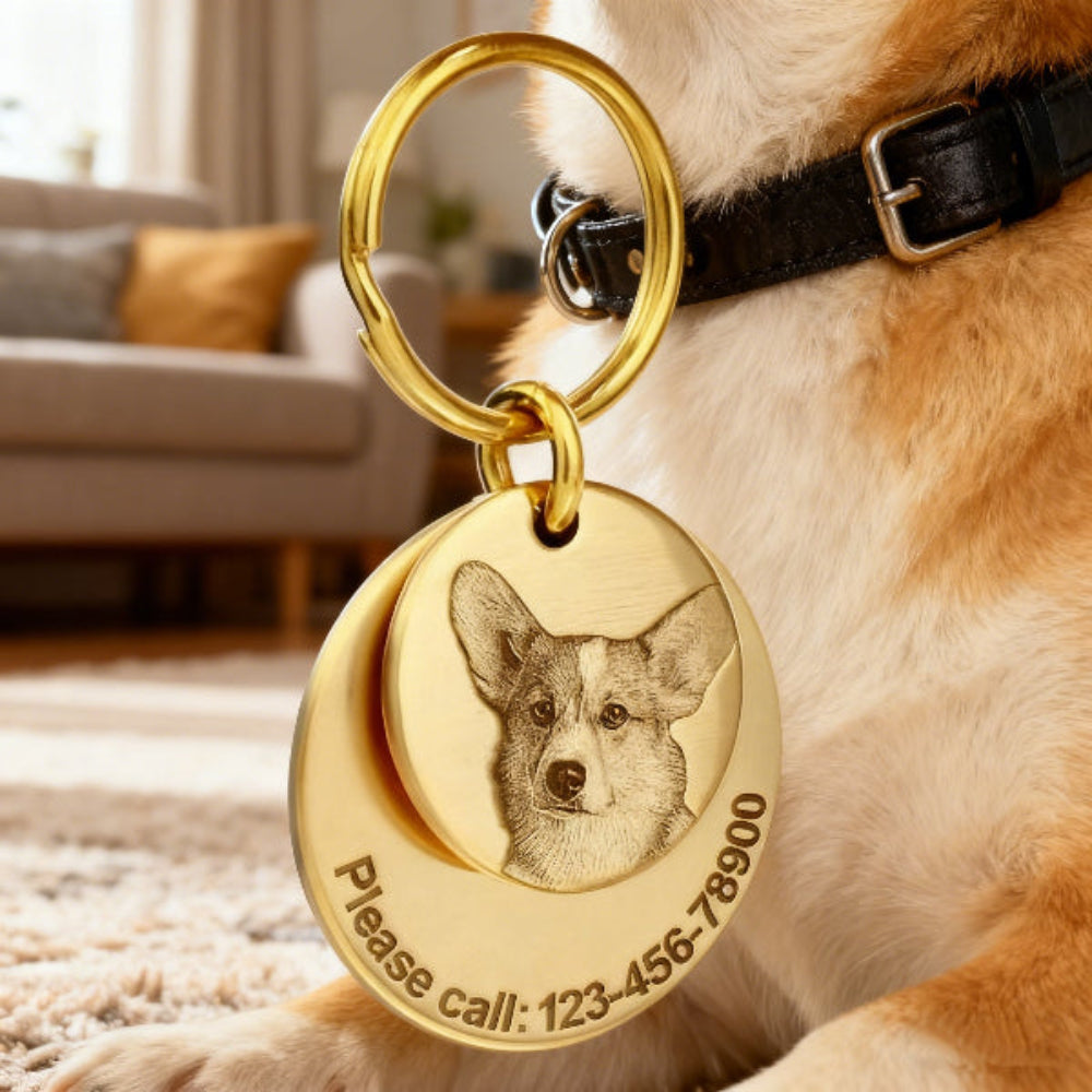 Customizable Double-Layer Pure Copper Pet Tag – Engrave Pet Portrait and Owner Contact Information