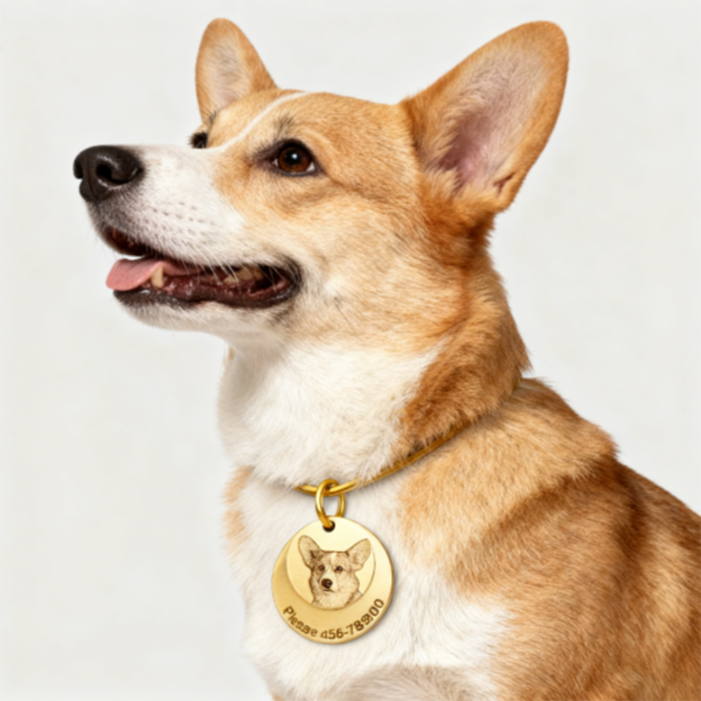 Customizable Double-Layer Pure Copper Pet Tag – Engrave Pet Portrait and Owner Contact Information