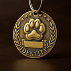 Vintage Brass Round Pet ID Tag - Customizable Paw Print Identity Tag for Lost Prevention