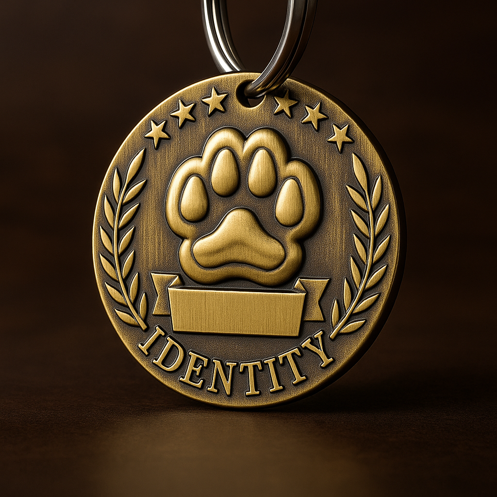 Vintage Brass Round Pet ID Tag - Customizable Paw Print Identity Tag for Lost Prevention