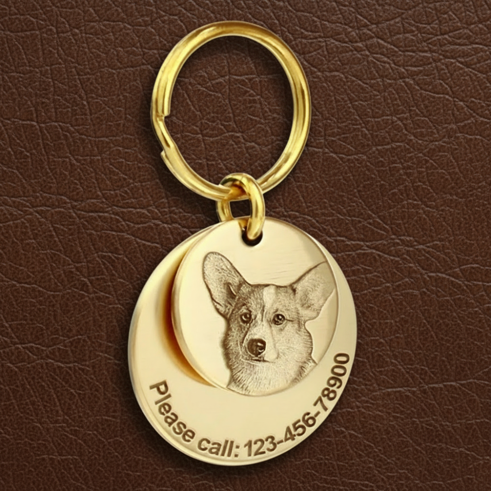 Customizable Double-Layer Pure Copper Pet Tag – Engrave Pet Portrait and Owner Contact Information