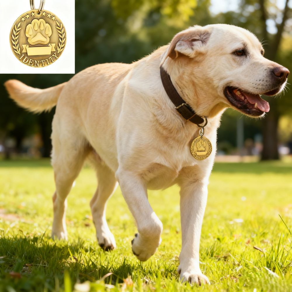 Vintage Brass Round Pet ID Tag - Customizable Paw Print Identity Tag for Lost Prevention